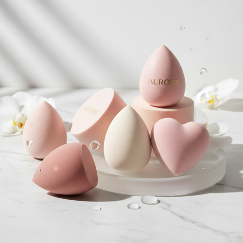 6-piece luxury makeup sponge set in pastel pink and nude colors on white marble surface